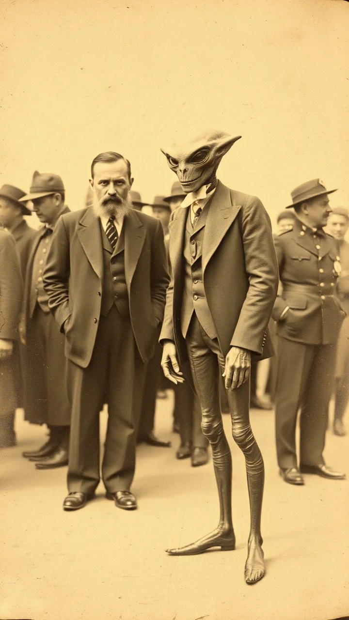 An old picture style of white and brown and very bad quality old camera with cracks of Rasputin standing with an Alien who is wearing a suit, the year 1900