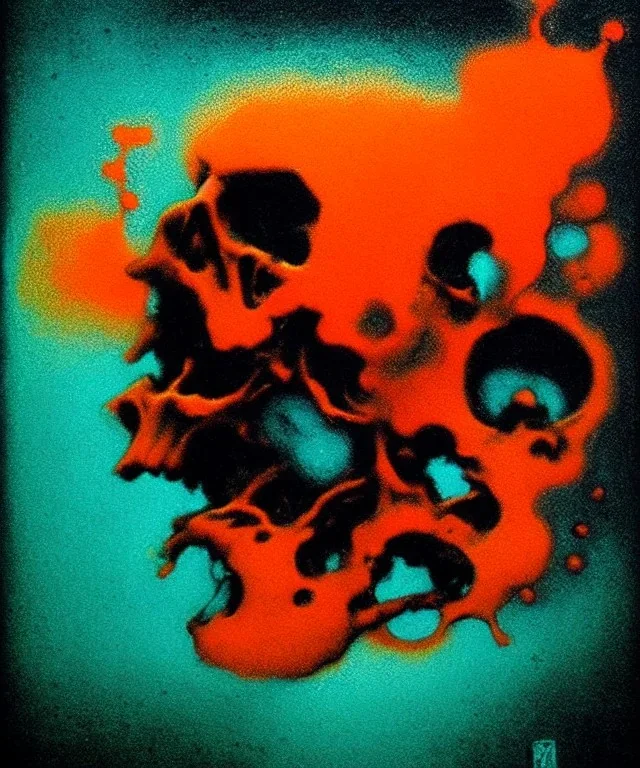 broken skull. black background. smoke and explode. particles in air. teal and orange. abstract. beksinski.