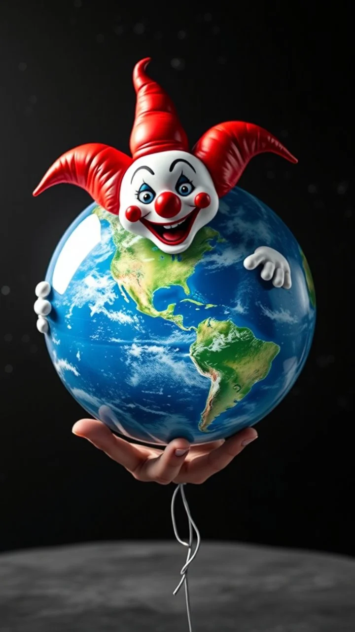 Ia ballon of planet earth in the hand of it the scary clown