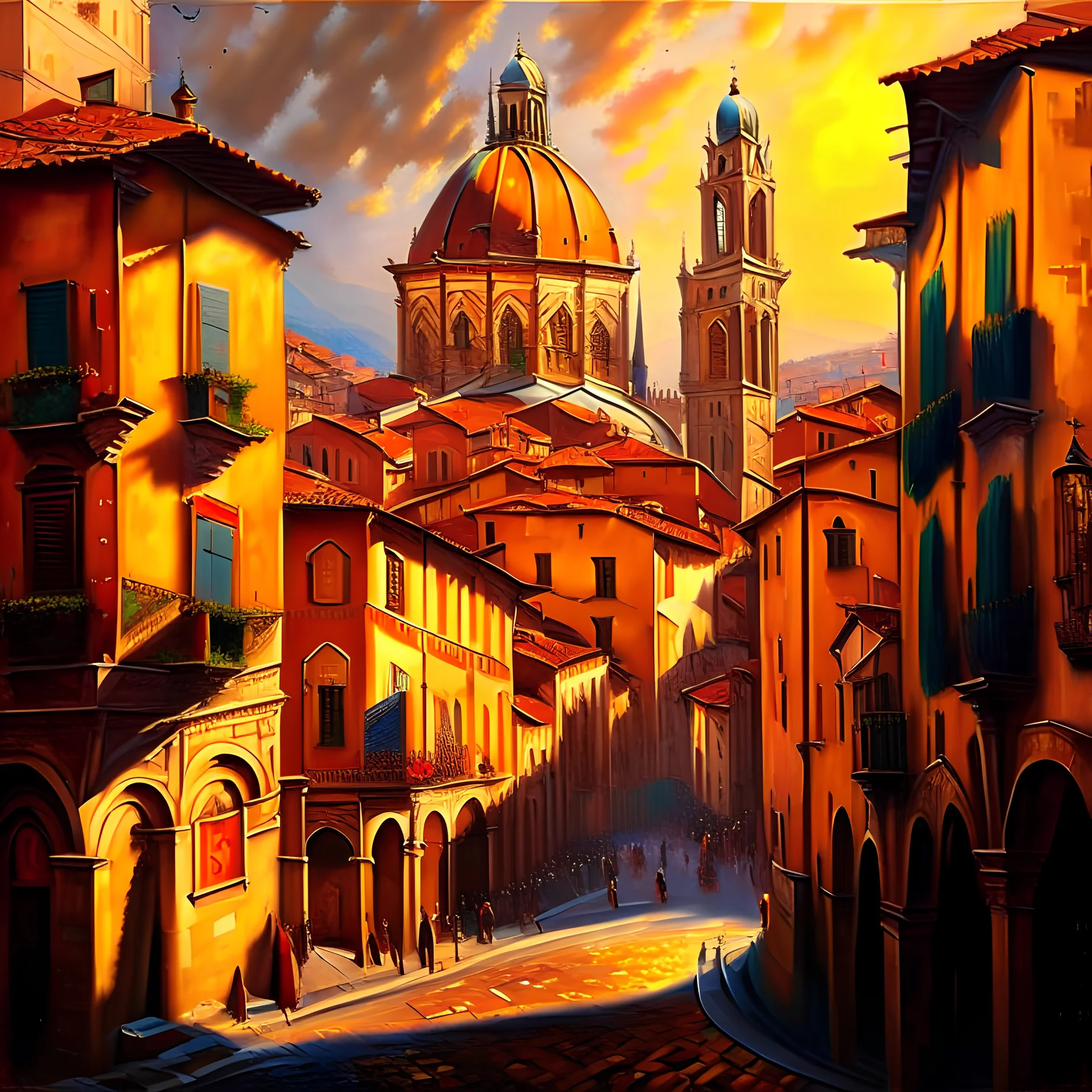 A realistic oil painting of medieval Florence, with intricate details of the architecture and streets, painted in the style of Jan van Eyck and Paul Cézanne, (long shot), warm golden lighting, vibrant colors, historical accuracy.