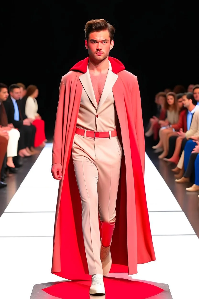 A guy on a fashion runway with Superman elegant Clothes in neutral colors