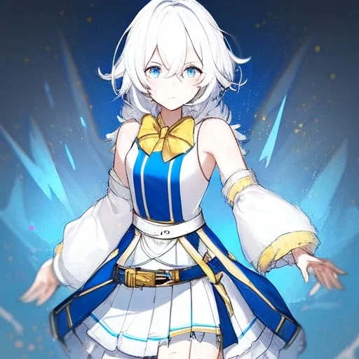 Clear focus, High resolution, rough line sketch art, short fluffy white hair, hair between eyes, fluffy hair, blue eyes, wearing a sleeveless shirt, wearing a a pleated skirt , detailed outfit, lots of details, bow on belt, white belt, white and blue everywhere on outfit, cut sleeve, yellow chains around outfit, concept art, arms folded, 1girl, genshin splash art, gift box looking