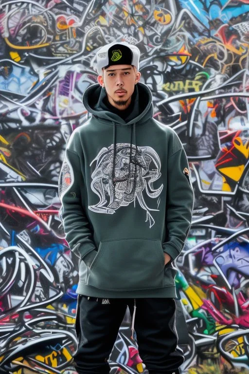 the coolest rapper ever with hoody and trendy clothes. graffiti wall in background are full of nft images and crypto currency symbols