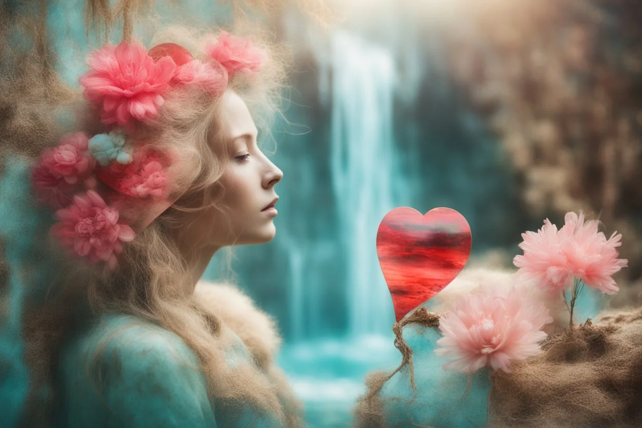 Double exposure, merged layers, turquoise, red and pink made with concrete and driftwood and rare pearl and low voltage filament lit, golden patina, in sunshine, corrosion, heart and love, angora fur, burlap, waterfall, flowers, in sunshine, ethereal, cinematic postprocessing, bokeh, dof