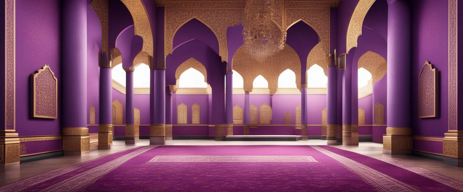 Hyper Realistic Inside View of purple wall mosque with some empty area on side with maroon carpet & black-golden pillars