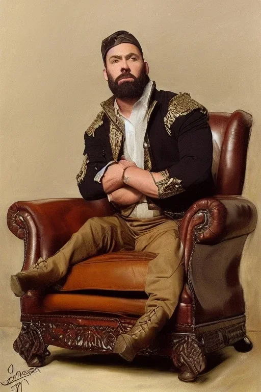 beefy macho man sitting on a leather armchair, simple, by John Singer Sargent, james gurney, justin gerard, john william waterhouse, highly detailed, artstation