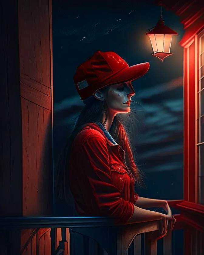 woman with a red baseball hat. leaning on a wooden balcony. night time. fantasy. studio lightining.