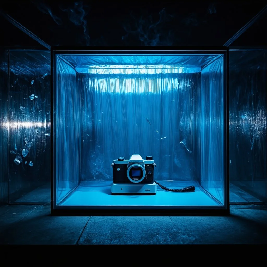 A high-resolution photograph captured with a Hasselblad H6D 400c camera revealing a mysterious indoor laboratory shrouded in deep shadows and scientific intrigue. A translucent plastic tarpaulin drapes gracefully over an angular plexiglass kordik structure, creating ethereal folds and prismatic frints reflections that catch fragments of dim light, while inside the enclosure a peculiar device releases delicate wisps of vapor that spiral and curl against the transparent walls like ghostly drimm