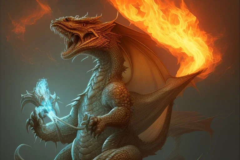 a dragon is spiiting fire in an office