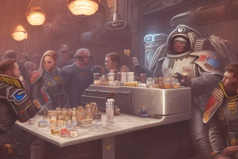 a space marine selling ice cream in a dystopian cafe