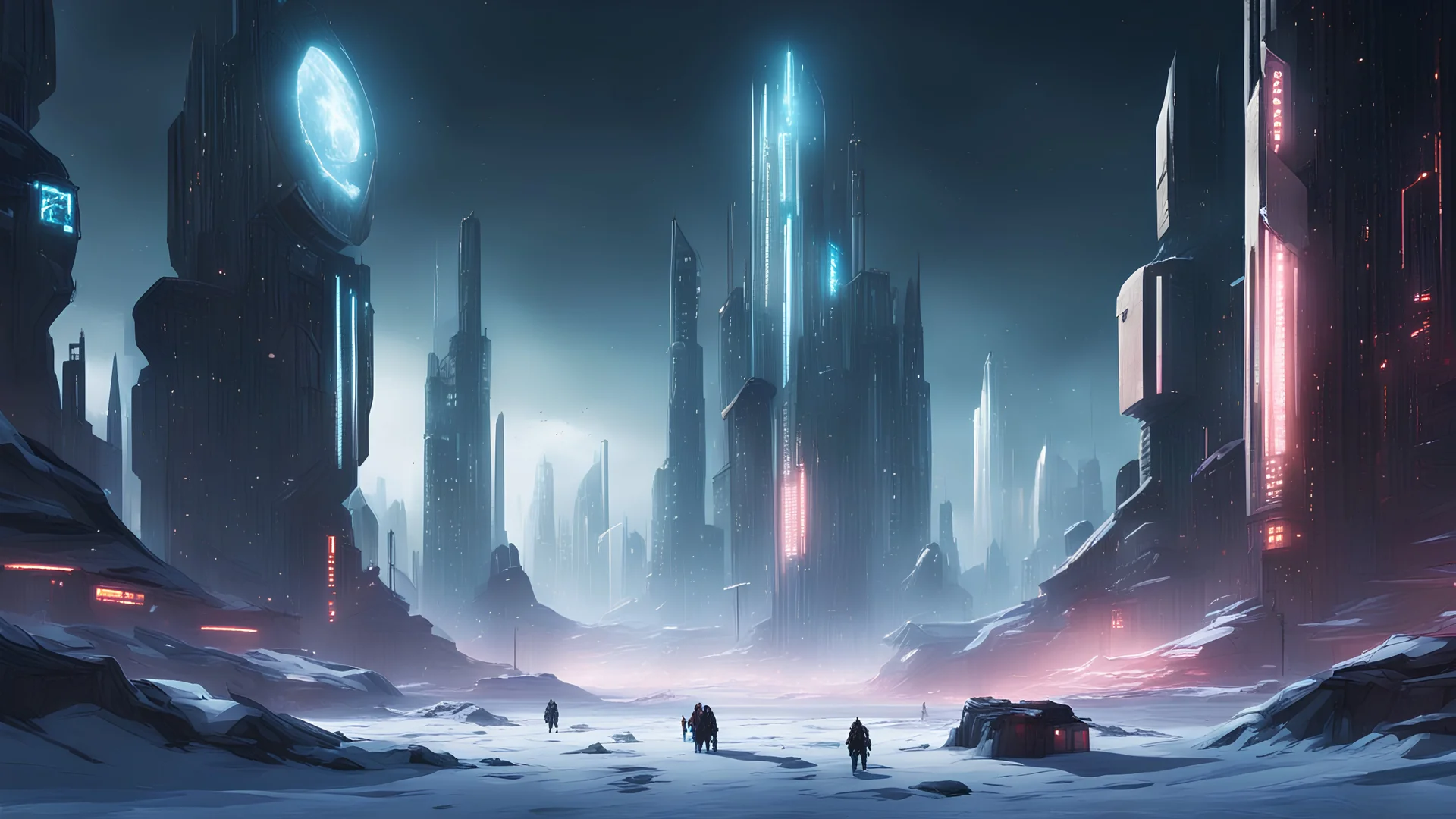 cyberpunk city with high buildings, night time, protected by a large energetic shield, on a frozen planet