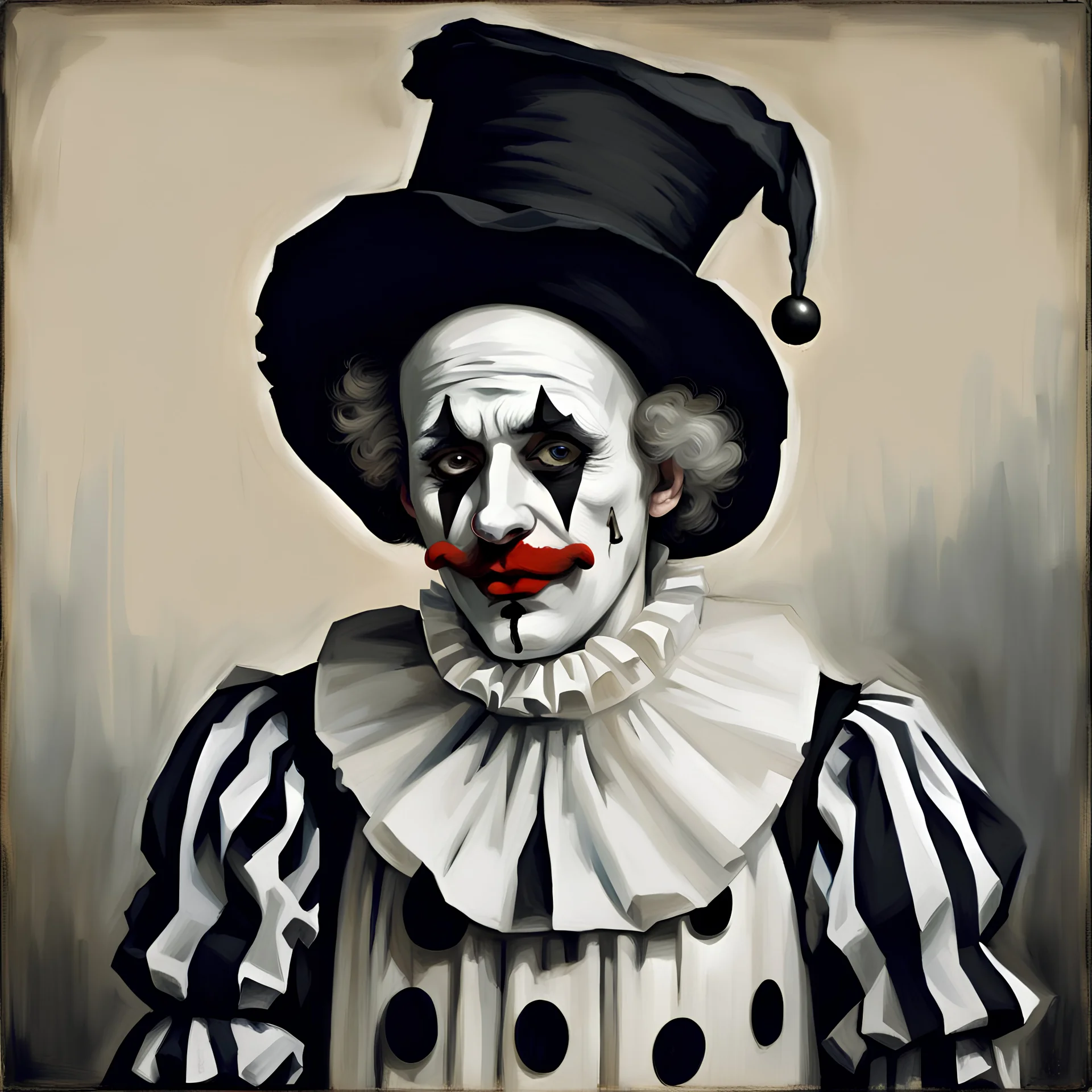 A Pierrot (the sad clown), with a heavily painted white face, wearing a loose, white tunic with three large black buttons, an oversized black accented ruffled collar, and long sleeves, a tight black dunce hat on his head, french mime, his expression is sad, lonely, and embodies artistic sentiment, the foreground and background slowly and subtly in a liminal space seem to merge, the clown as an elevated art form, modern art, conceptual performance art, storybook like illuatration, Beardsley, very