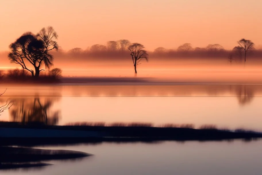Misty river at dawn with leafless trees silhouetted against a rising sun, soft golden light filtering through branches, perfect mirror reflection on still water, winter atmosphere, cinematic composition, tranquil and mystical mood.