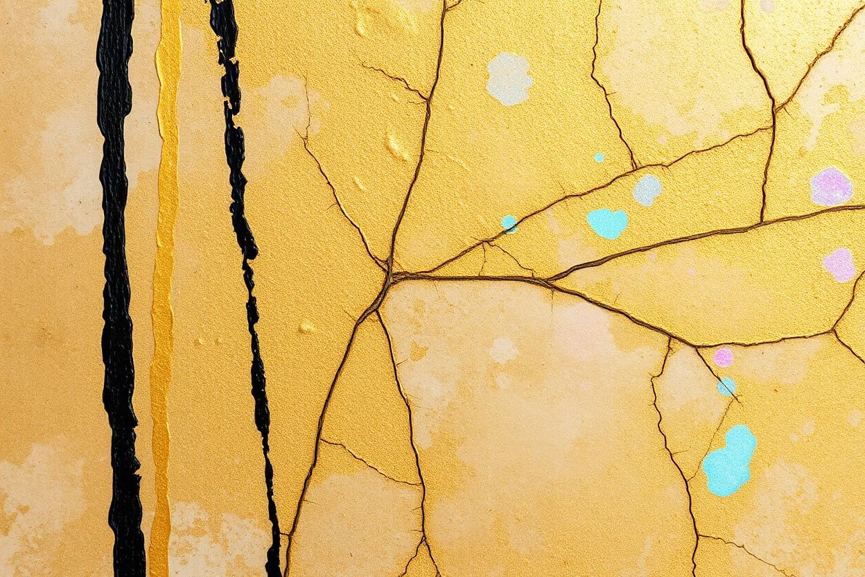 golden patina, corrosion, watercolour, pastel eggshell impasto effect, strong brush strokes, as if worked with a feather, iridescent pearl in the mud, 2 black and 2 gold lines, holographic marble backround, the cracks are golden