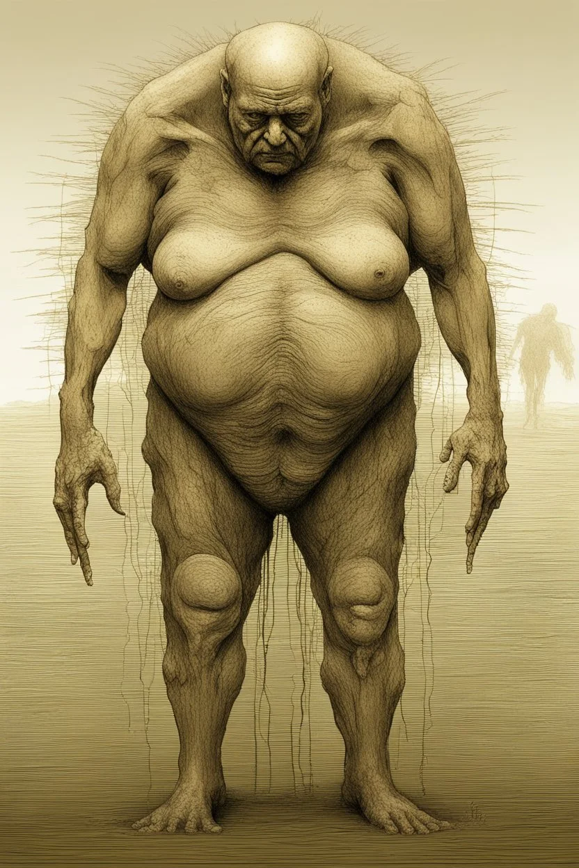 The full body of two fat old men , , front view camera, decayed and rotting with grotesque proportions and imagery. surreal horror, biomechanical design, by hr giger and beksinski , fine lines draw