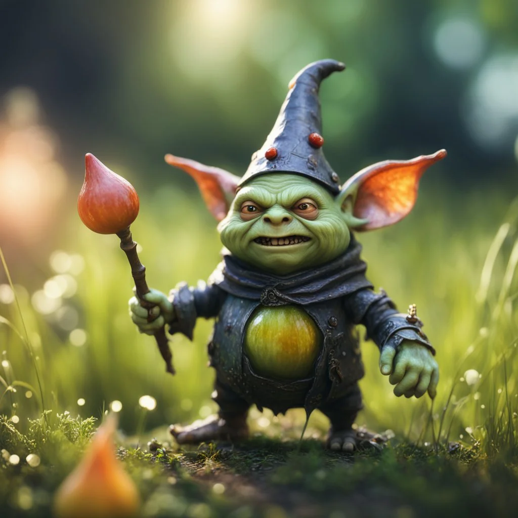 witch king snail gremlin t-pose upper body of gnome goblin orc made from tinted murano glass in long grass inspecting a melon ,bokeh like f/0.8, tilt-shift lens 8k, high detail, smooth render, down-light, unreal engine,bokeh like f/0.8, tilt-shift lens 8k, high detail, smooth render, down-light, unreal engine