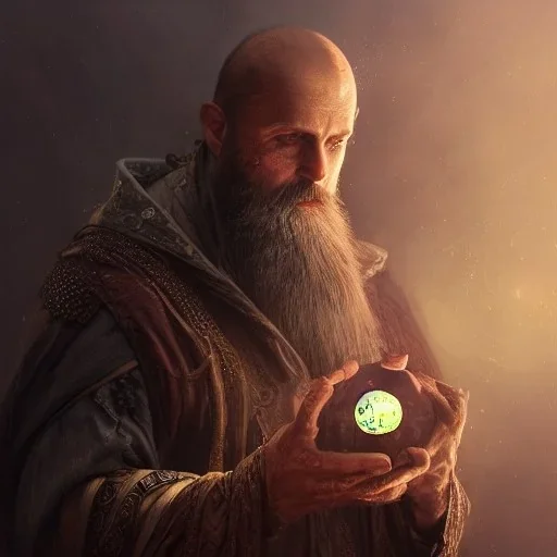 Insanely detailed photograph of an “D&D twilight cleric holding glowing D20” with intricate detailed beard,low fade, intricate clothing, hyperdetailed painting by Ismail Inceoglu Huang Guangjian and Dan Witz CGSociety ZBrush Central fantasy art album cover art,8K, hdr, mysterious, flickeringlights ,Stoic