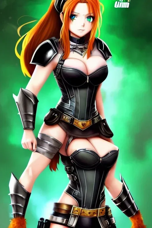 In the style of Shadman, hyper detailed, strikingly beautiful teen female, 16 years old, long ponytail, ginger hair, green eyes, medium freckles, full lips, micro top, black leather armour lined with fur, full body, full face, tiny breasts, athletic, centred camera, ignore NSFW, thong, camel toe, athletic