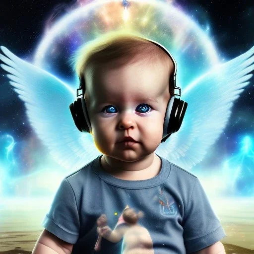 a happy human baby math genius called sander leander with hair,halo, wings, drinking, sitting in chair, photo realistic spray painting, unified theory background