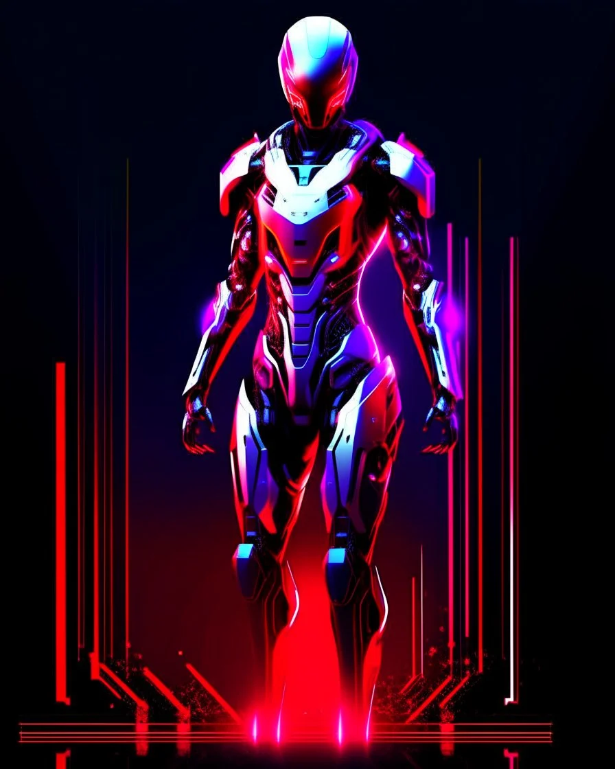 (((Full body))). Digital illustration of futuristic character with armor, dynamic. Elegant metallic suit adorned with sharp angular lines, silver colors, black details, red stripe on the chest. Helmet with pointed cat design, cat ears, bright red cat eyes, exuding menacing presence. Stylized, abstract artwork, sketch-like quality, vibrant colors emphasize intricate details of the armor