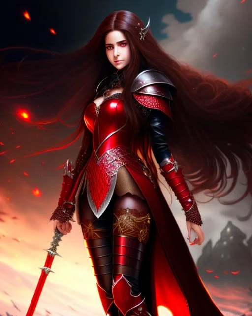 full body picture of a young woman with long brown hair, fantasy, dark, wearing black and red leather fantasy armor, evil, red eyes, smirk, confident, arrogant, anime, high resolution, hi res, detailed, intricate, fighting, warrior, detailed background, 8k resolution