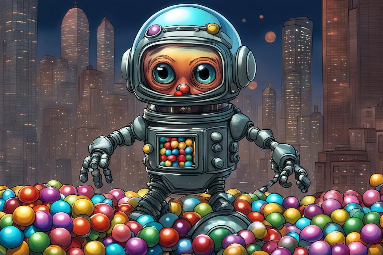 Prompt: "In the style of Chris Dunn, concept art for a transparent glass baby robot full of gumballs who is also a gumball machine. He has big eyes and a transparent helmet full of gumballs and is juggling gumballs in front of a futuristic cityscape. The art has a steampunk and a retro science fiction style with vibrant colors. It is a digital illustration with high detail. The background features a fantasy world with an epic composition and cinematic lighting."