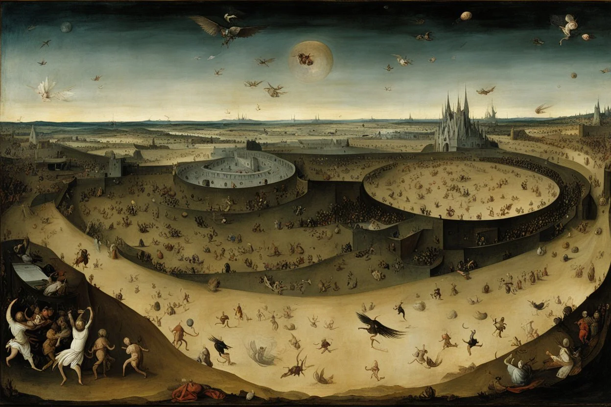 View of Elysium with dark female flying around over people running away in fear, creatures crawling, Hieronymus Bosch