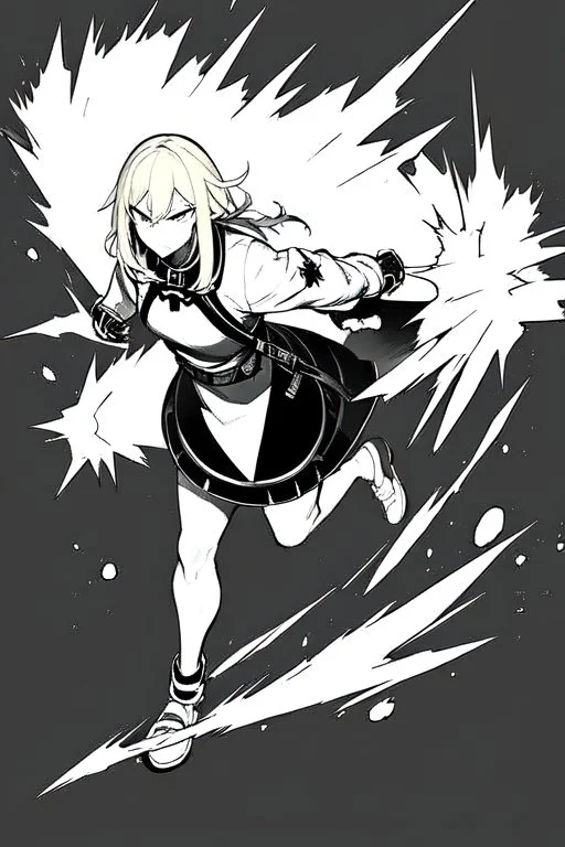 angry blonde girl, angry pose, full body, greyscale