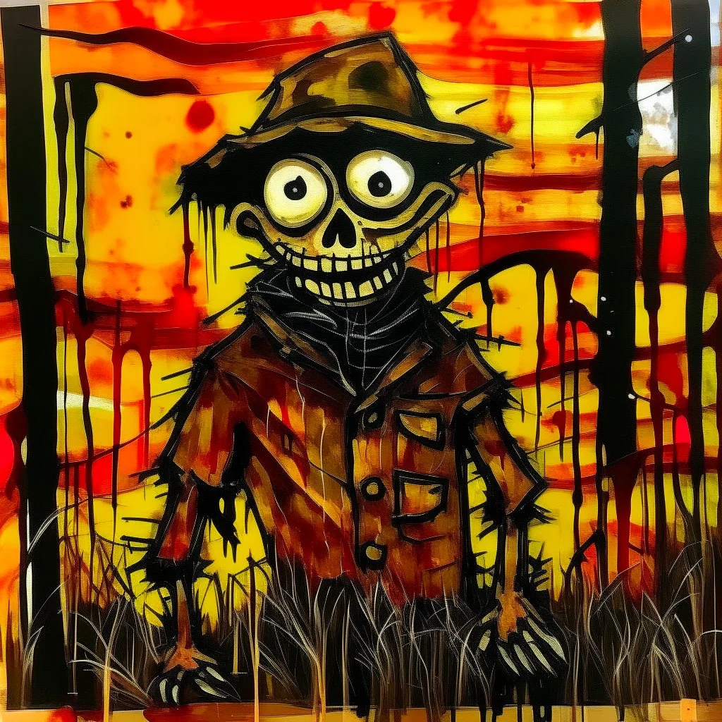 evil sentient scarecrow looking in his window, dramatic, horror, by Jonathan Meese, 2D oil painting, scary hues