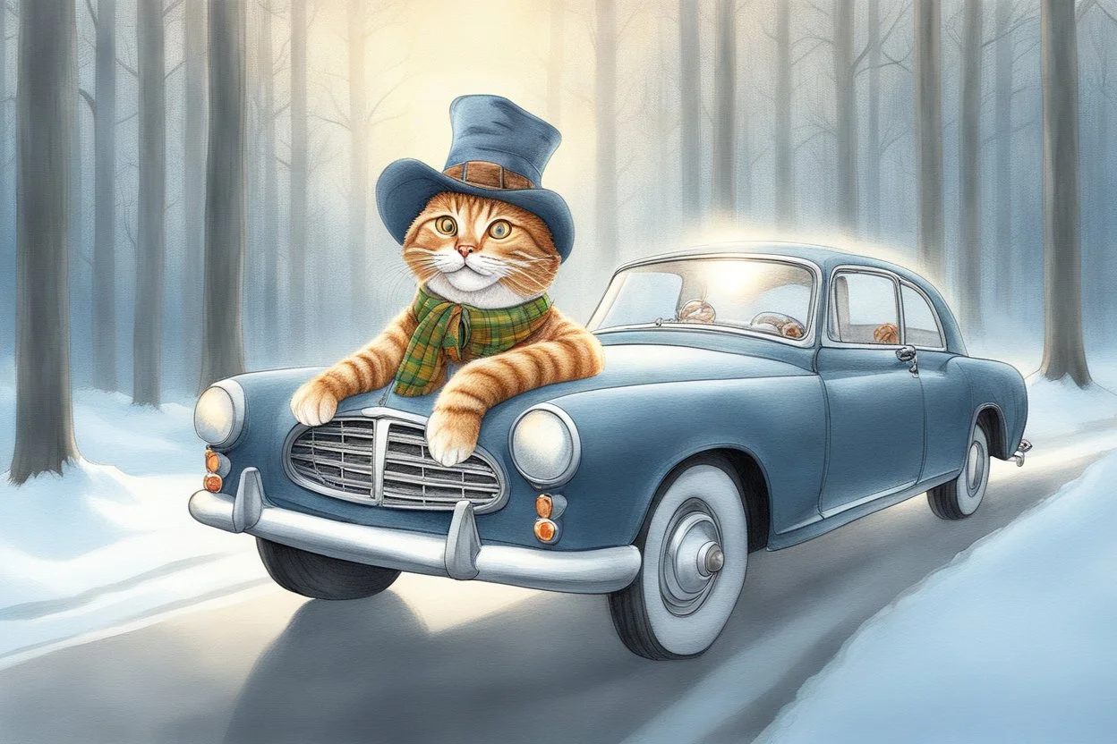 Cute little happy cat scarecrow riding a luxury car, forest path background, winter, snowflakes swirling, waterfall, reflection, mist, sunrise, smooth intricate photorealistic hyperrealistic high definition beautiful lighting pencil sketch watercolor dramatic lighting storybook illustration polished Deep shadows deep color warm light shiny glitters
