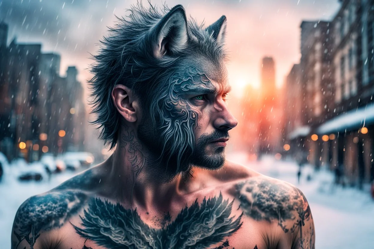 double exposure, Wolf Man, man, city, sunset, snow, rain, fantasy, mystical, tattoo, vertical pupils, high detail, high resolution, 8K