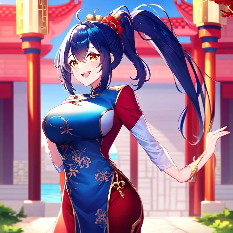 girl, masterpiece, best quality, volumetric lighting, detailed outfit, perfect eyes, vibrant colors, blue long hair, vibrant red eye, golden eye, chinese clothes, ponytail, laughing, outdoors,