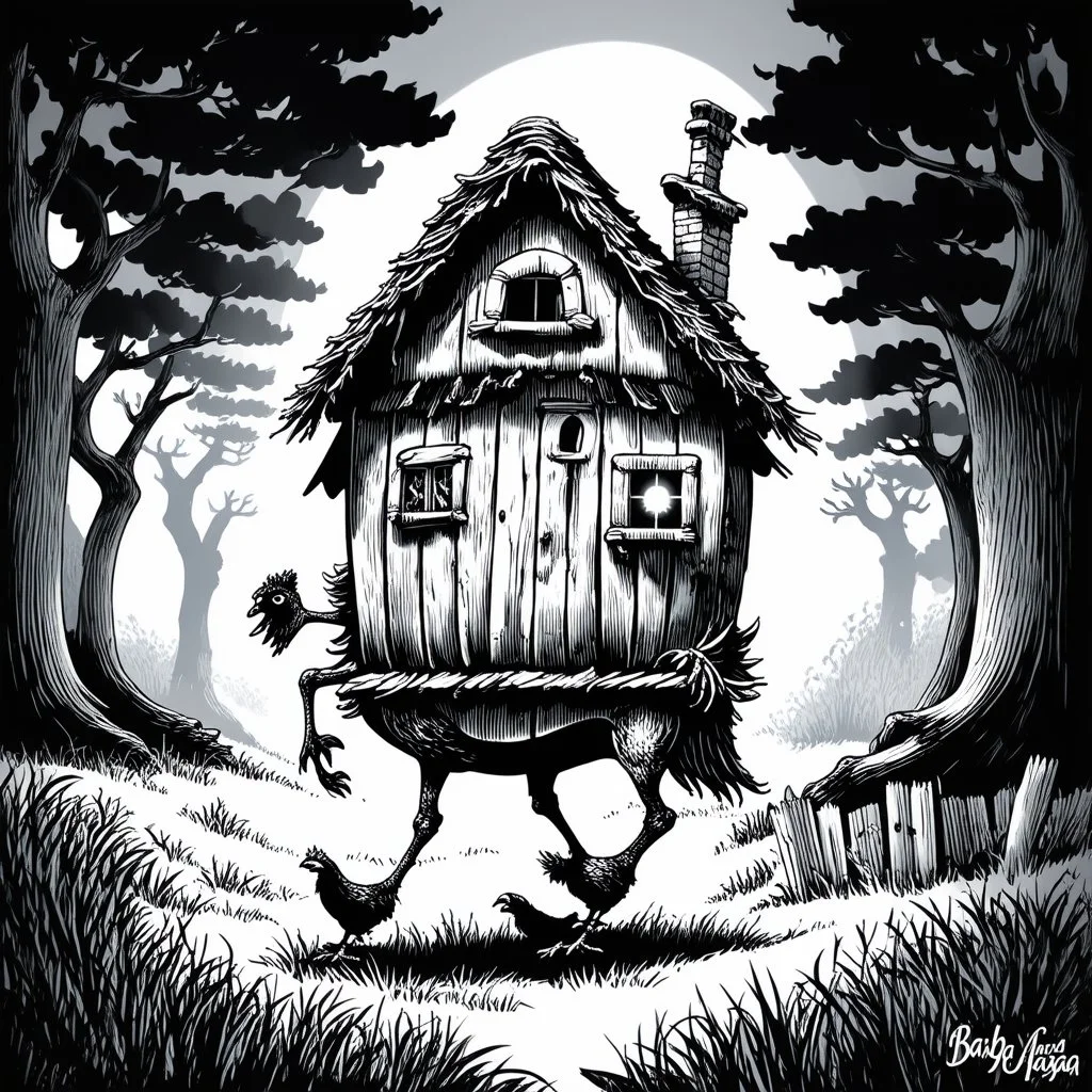 Make black and white cute drawing of a Baba Yaga’s House (Walking Hut on Chicken Legs) with black bold lines. Only outline, no grayscale. A quirky wooden hut with chicken legs, stomping playfully through a magical forest. Add details like a crooked chimney, glowing windows, and a fence made of bones.