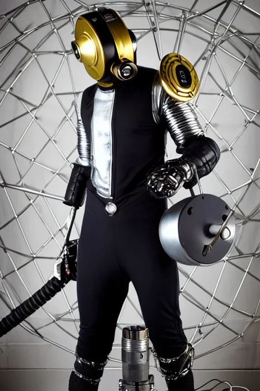 Metallic Cyber-punk style man with camera-mask and old AKG-style headphones with golden rings. Fencing mask covers man's cheeks. Good body shape. Reflective plastic. Body and head full of integrated old-fashioned cameras. Ancient silver telephone attached to perfect body, trunk. Euclidean 3D-tiling, Escher tiling, background. Cables from shoulder, connect. Daft Punk, Tron Matrix movie black leather jacket, tippet. Yellow latex areas in black leather surfaces body. 1990's. Trypophobia, small hole