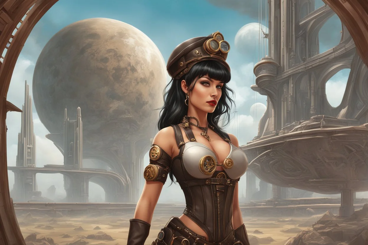 exotic sci-fi steampunk pin-up girl, with long dark hair with bangs, on an alien planet with cloud trees, tall spires, buildings, bridges, arches, photorealistic