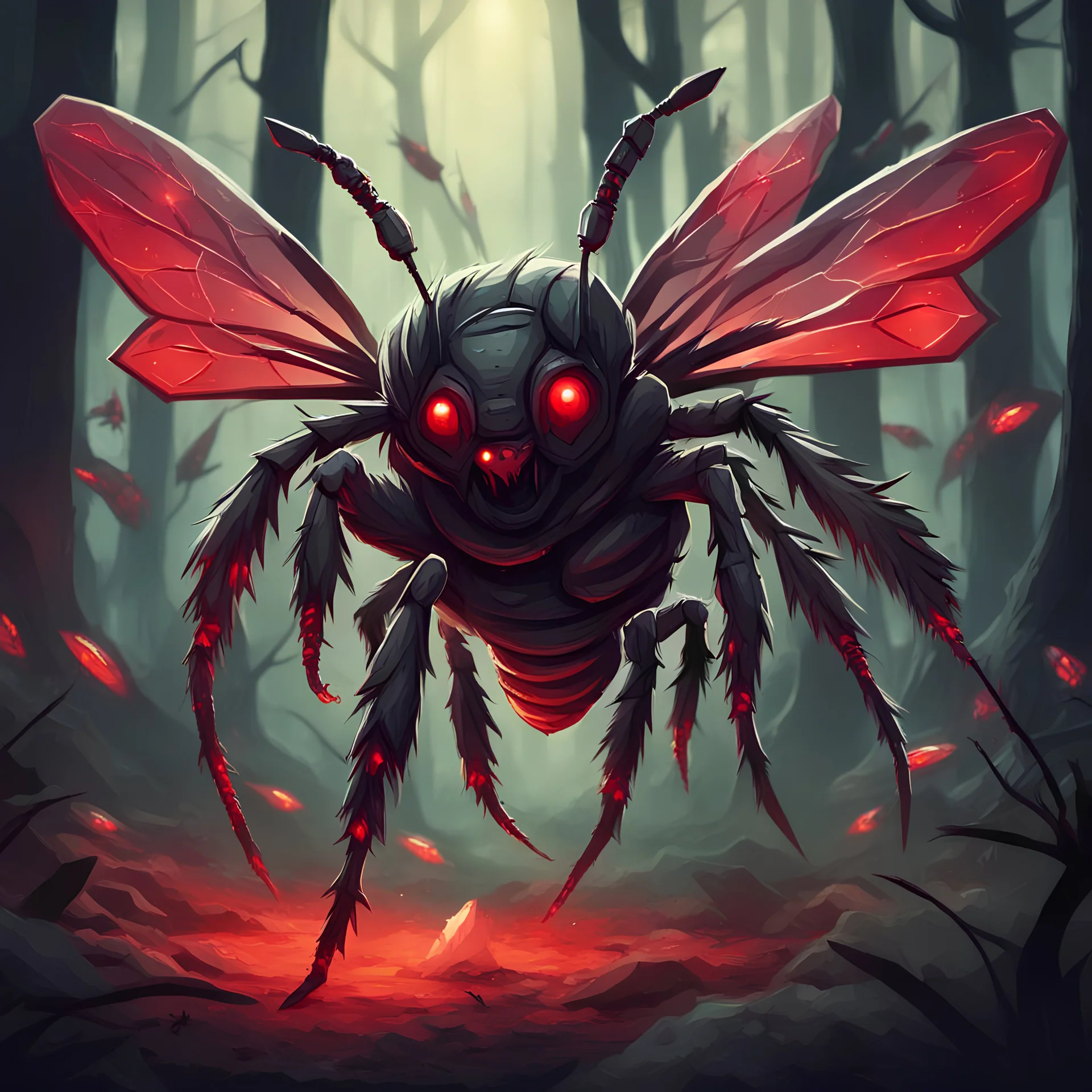 A deadly bee creature in the forest with red glowing eyes and legs that end in razor sharp needles with a deadly poison sting, in card art style