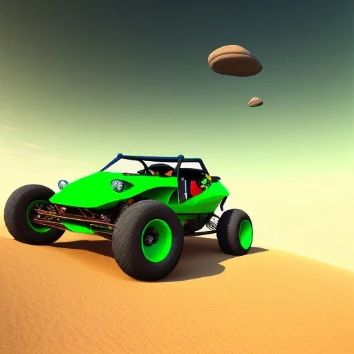  centered,dune buggy, 3 wheeler, green sky, worms, rocks