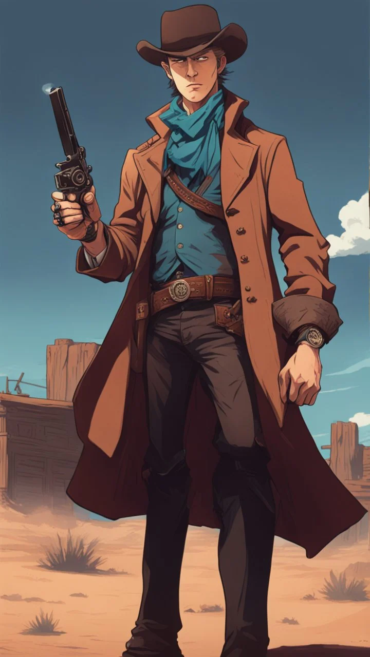 Magnus Carlson in the wild west looking cool with a revolver, anime style