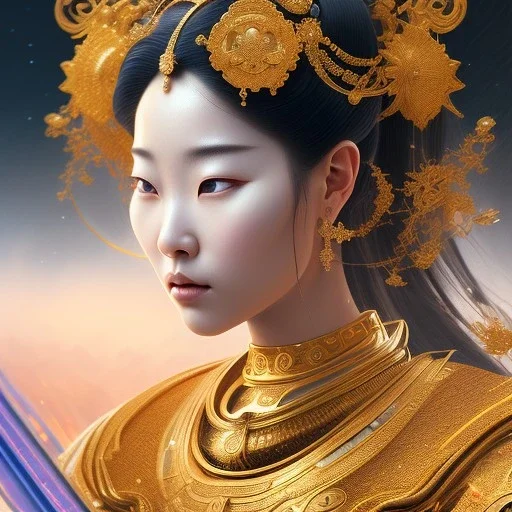 cosmos masterpiece Japanese goddess, sango fantasy, fantasy magic, intricate, sharp focus, illustration, highly detailed, digital painting, concept art, matte, artgerm and paul lewin and kehinde wiley, full figure, fit in board, cyber punk, pretty accurate hands face fingers, natural aye, fit within portrait