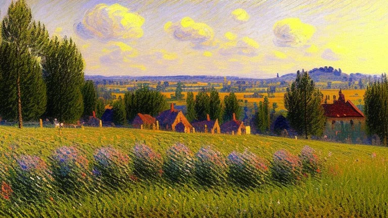 Sunny day, Distant mountains, field fence, alfred sisley impressionism painting