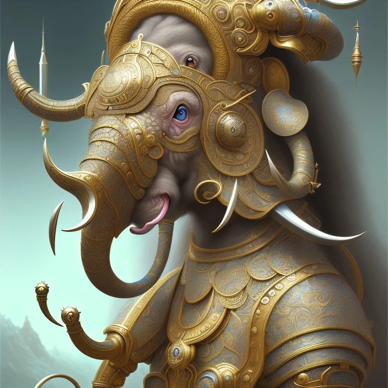 Sango fantasy, fantasy magic, intricate, sharp focus, illustration, highly detailed, digital painting, concept art, matte, art germ and Paul Lewin and Kehinde Wiley, masterpiece silver elephant head bronze monkey Asian African girl nice breast Hawaiian hair turquoise golden waves