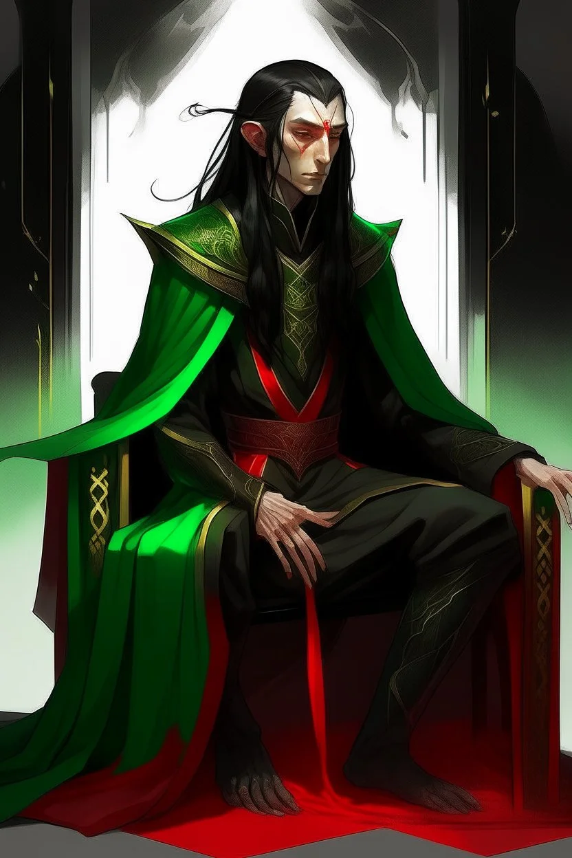 half-elf, half-human with long ears, head lowered, dark hair hanging in separate strands covering the face, only emerald-light eyes are visible, black robe and red lines from the shoulders, going closer to the neck and going down, dividing the black and red shirt, golden ones are visible lines the whole body sits on a chair with one hand holding a spear holding a spear slightly transparent black female hands on the sides stand in human height shadows like guards