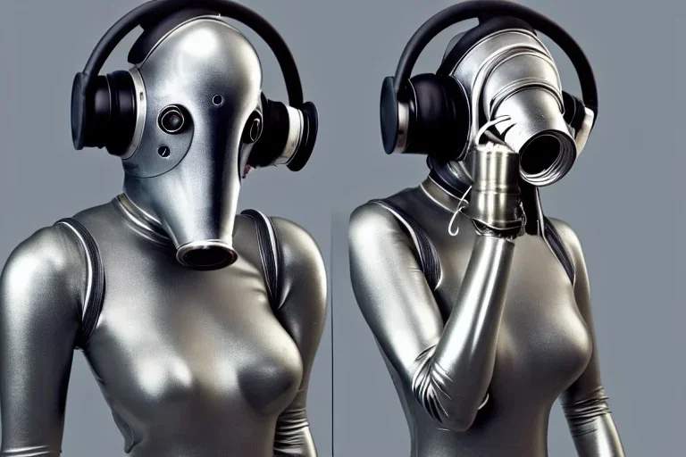 Silver to grey surfaces body, tight latex. Tendril-gas-mask-Synthesizer-proboscis-laundry. Armored bodies. Metallic headphones and speakers. Walle-E interviews Asa Akira on red sofa. Old-fashioned cameras integrated to heads. simple faces. Strange Steam-punk Silver tumbler hands! Perfect skin, golden, body. Mind-download from Enigma computer. Partly symmetrical in relation to the computer. Perfect golden ratio in all directions. Space-corruption. Steam-machines-plunge-tanks. Moth eye surveillanc