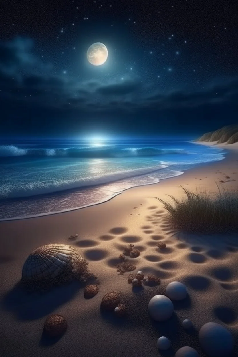 magic sea, beach with sand, shells, realistic, professional photo, 4k, top view, cosmic sky, stars, full moon, milki way