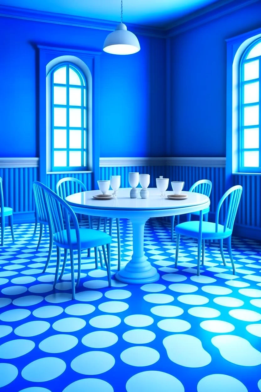 3D-shot A large, oval-shaped table in a restaurant, the color of the table is blue and white, the color of the walls is blue, and the floor color is white