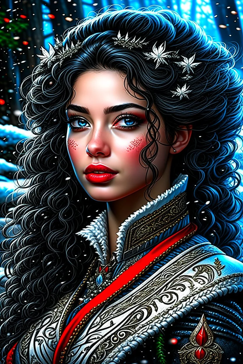 depth of field, photorealism, downlight, Magic camping site, beautiful, ornate dress uniform, casting spell water snow fly, black wavy hair, enchanted fantasy, cinematic composition, very detailed red machine components, one camera lens eye and shiny black hair, hazel green eyes, 24k, ornate, intricate, complex, digital painting, smooth, art by royo and tom bagshaw.