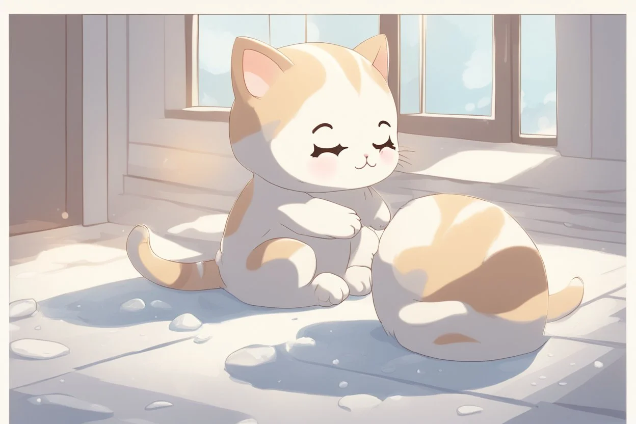 cute chibi thankful cat praying in an icy room in sunshine