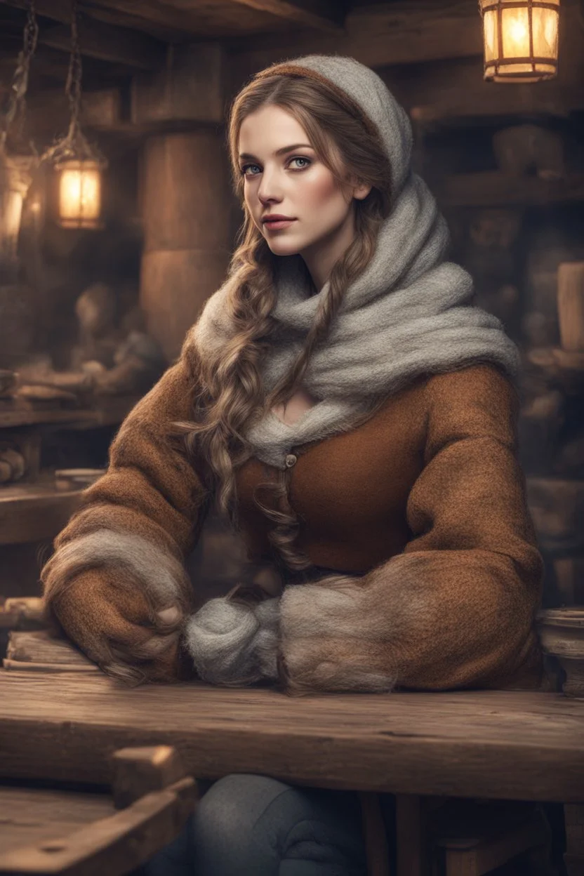 DnD style, medieval beautiful woman dressed in warm winter clothes sitting in a tavern