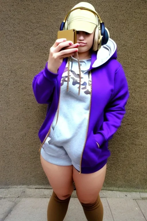 blonde taking selfie.thick thighs,thick calves,flat belly,curvy fell. NOVEL kind of hoodie, form which condescends with integrated bag[SIC]. It is sewed together of camouflage pieces, whose color are all denim colors,cream, brown and purple. Big colored headphones (gold rings!) is merged with small felt cap with small visor. Big bright purple felt tippet and birght-colored-hood is merged with colorful beanie. Inside is orange. Style: 1990's Finland