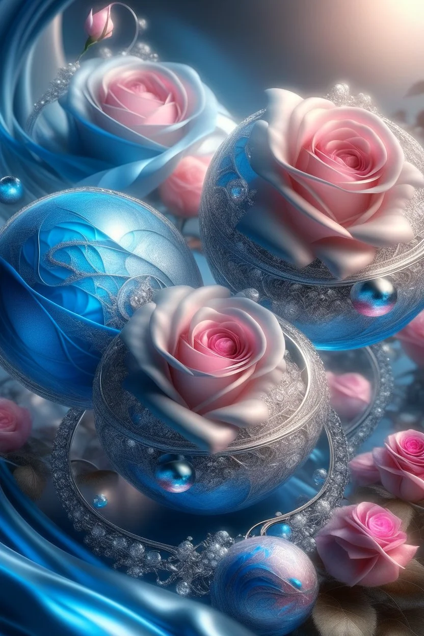 MAGIC ROSE balls,gusts of wind,spiral, patterns ,silver pink blue, composition,flowers,pearls, silk,colored ribbons ,realistic,macro,delicate colors grace, transparent,aesthetically pleasing,hyper detailed,unusual,combination is extremely beautiful,drawing details ,magic,aesthetics, bright light, clarity,fantastically,,close-up, filigree,pastel,watercolor,detailed drawing..,hyperdetalization,surrealism,glitter,5d ,transparent details,futuristic,best quality.